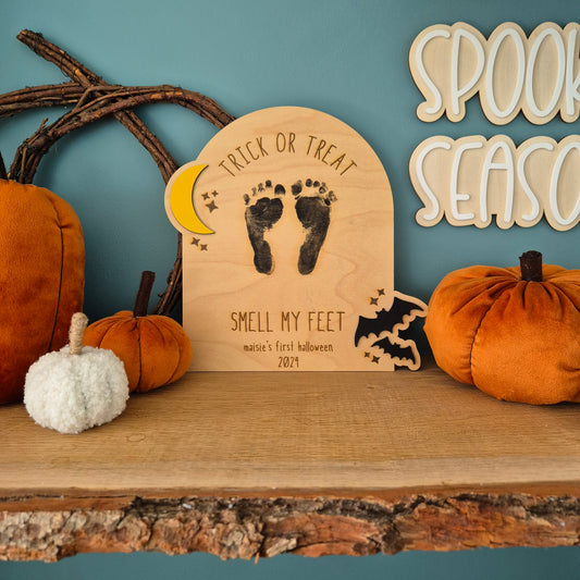 Trick or Treat, Smell my Feet Personalised Sign | Baby Halloween Memory Plaque