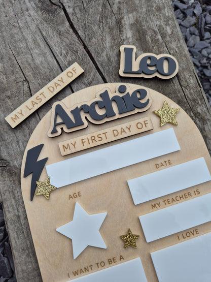 Personalised Lightening Bolt Back to School Board - Reusable Wooden and Acrylic Sign