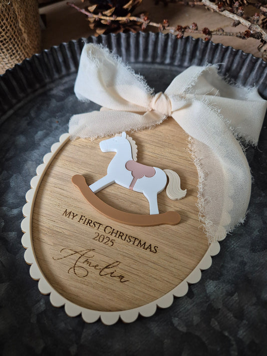 Personalised Merry Christmas Vintage Rocking Horse Ornament - Scalloped Edge Oak and Acrylic Baby Milestone Plaque or Stocking Tag