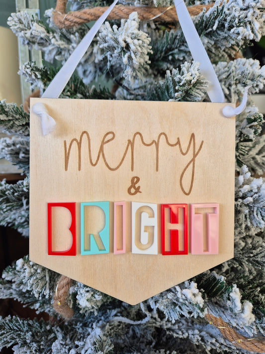 Merry & Bright Retro Acrylic and Wooden Flag Sign