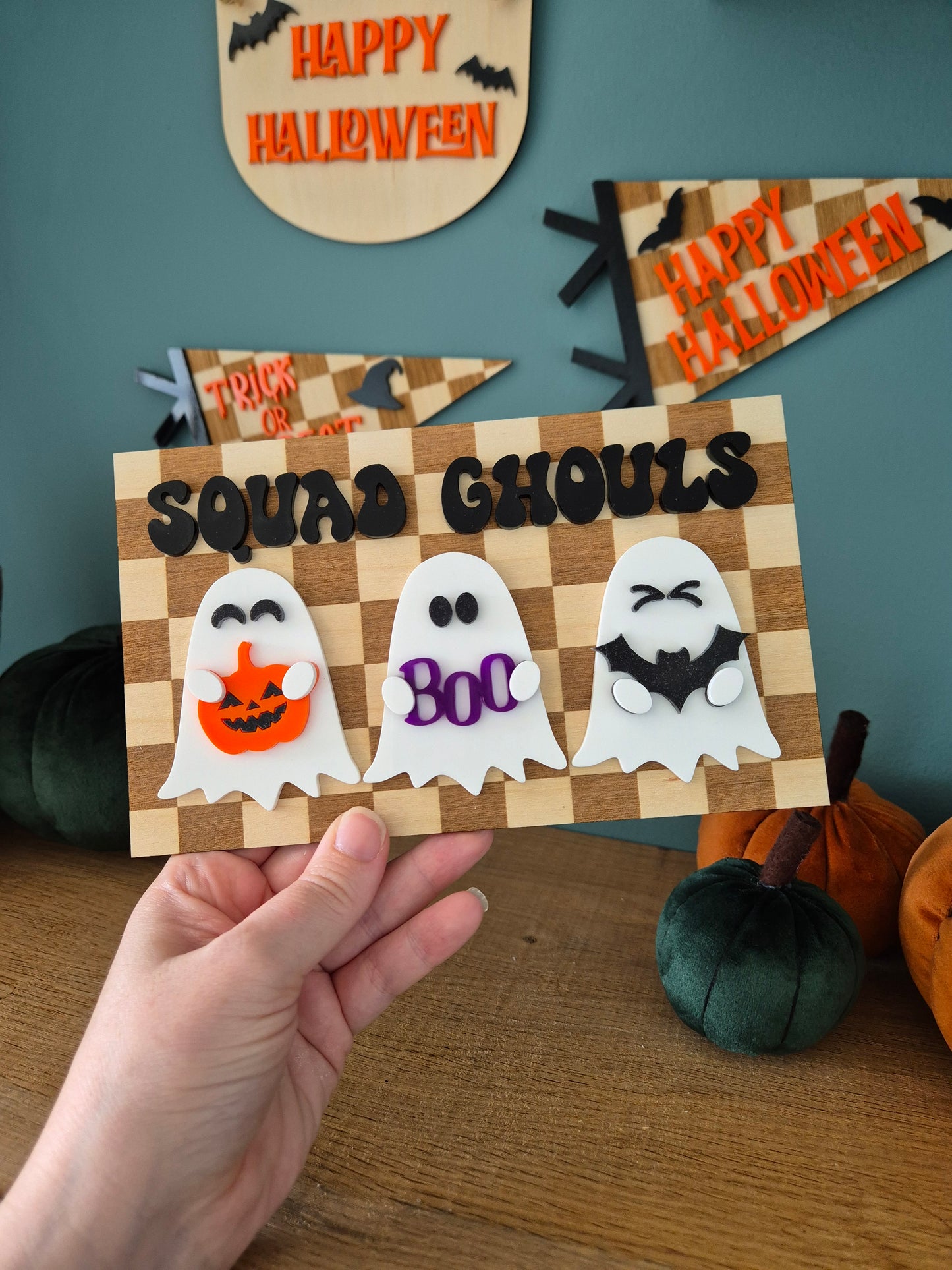 Squad Ghouls Checkerboard Sign | Wooden and Acrylic Ghost Shelf Sitter