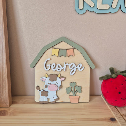 Personalised Cow Barn Name Sign - Farm-themed Nursery and Playroom Shelf Sitter and Door Sign