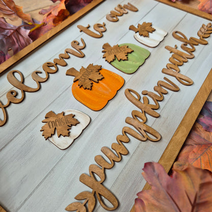 'Welcome to our Pumpkin Patch' Personalised Sign | Large Rustic Wooden Family Wall Art