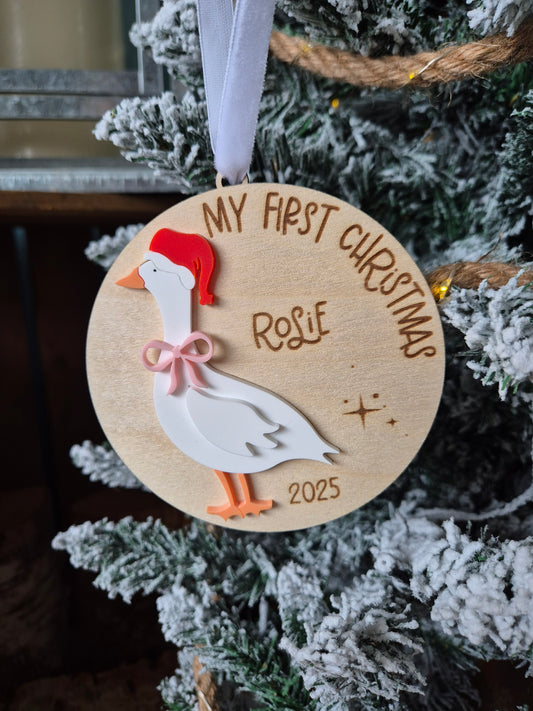 Baby's First Christmas Hanging Ornament - Personalised Santa Goose Tree Decoration