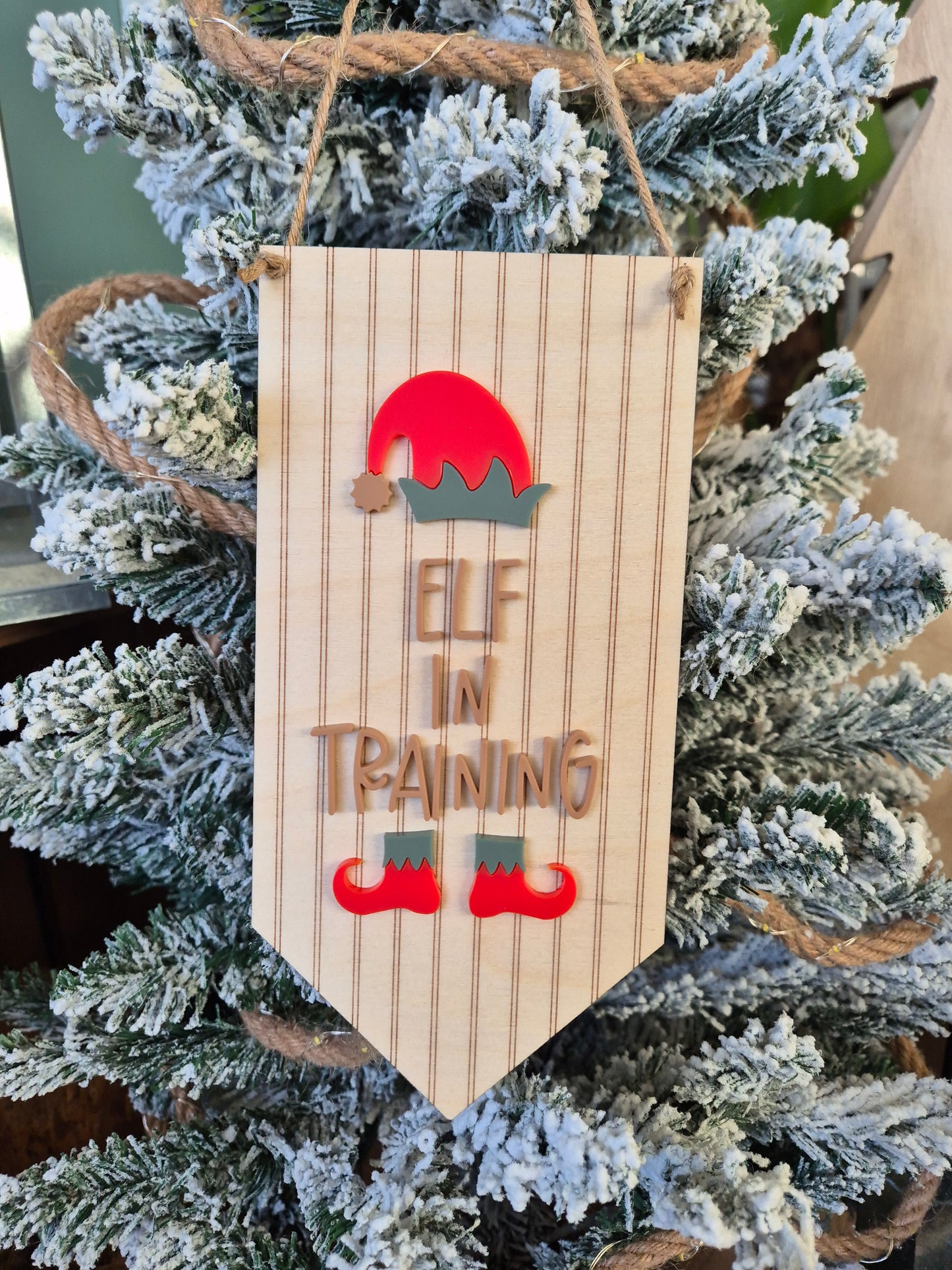 Elf in Training Acrylic and Wooden Hanging Sign
