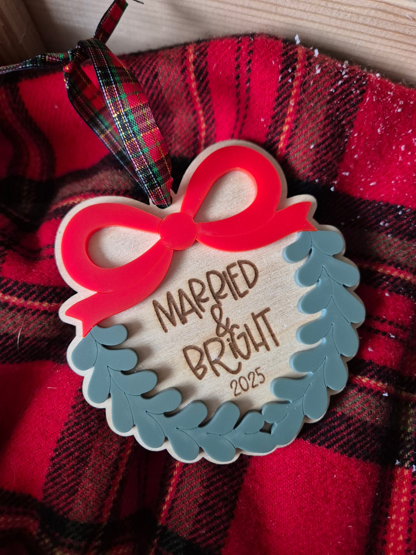 Married and Bright Christmas Hanging Ornament - Personalised Newlyweds Tree Decoration