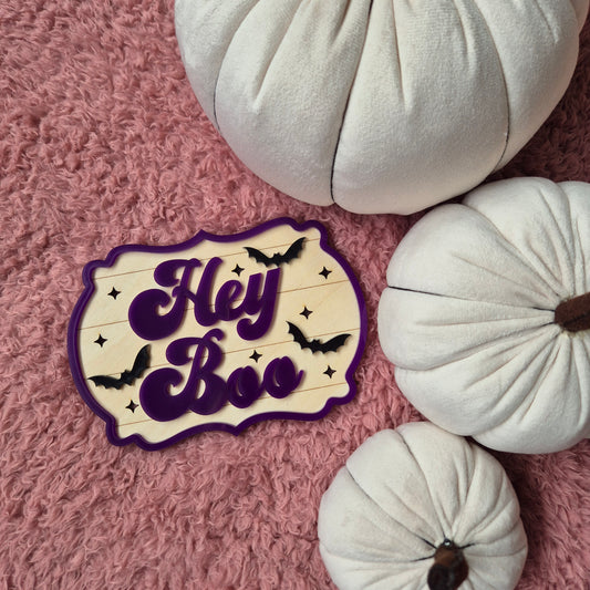 Hey Boo Retro Purple Shelf Sitter | Wooden and Acrylic Halloween Sign