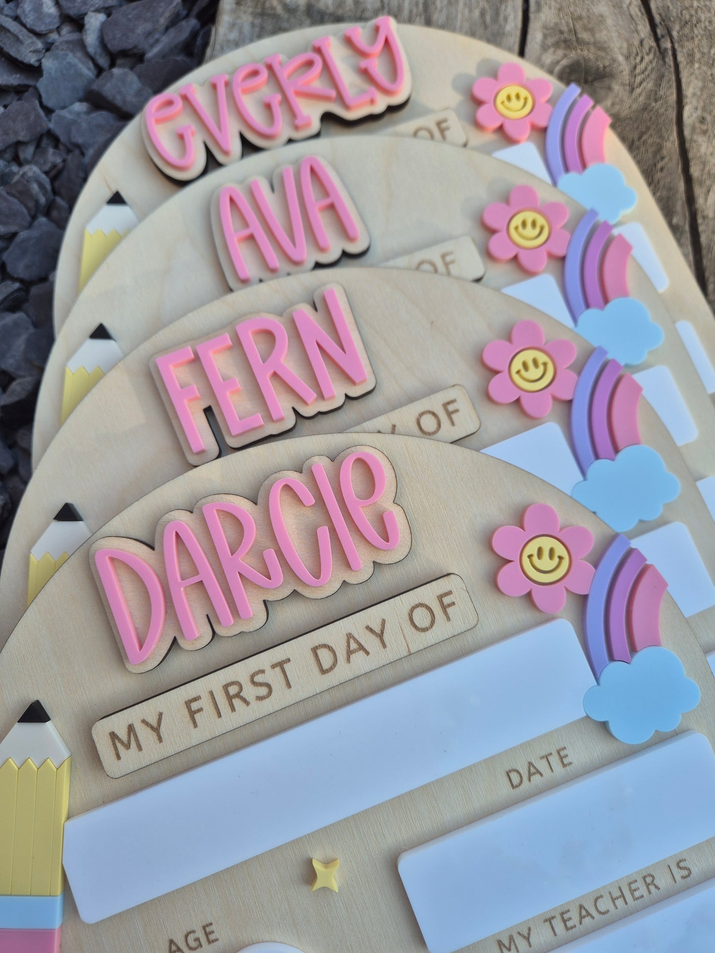 Personalised Pastel Rainbow Back to School Board - Reusable Wooden and Acrylic Sign