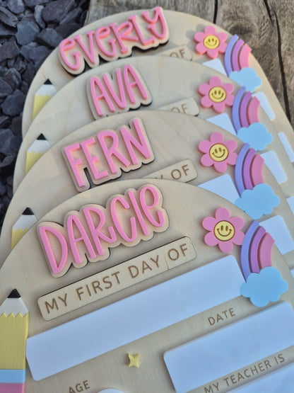 Personalised Pastel Rainbow Back to School Board - Reusable Wooden and Acrylic Sign