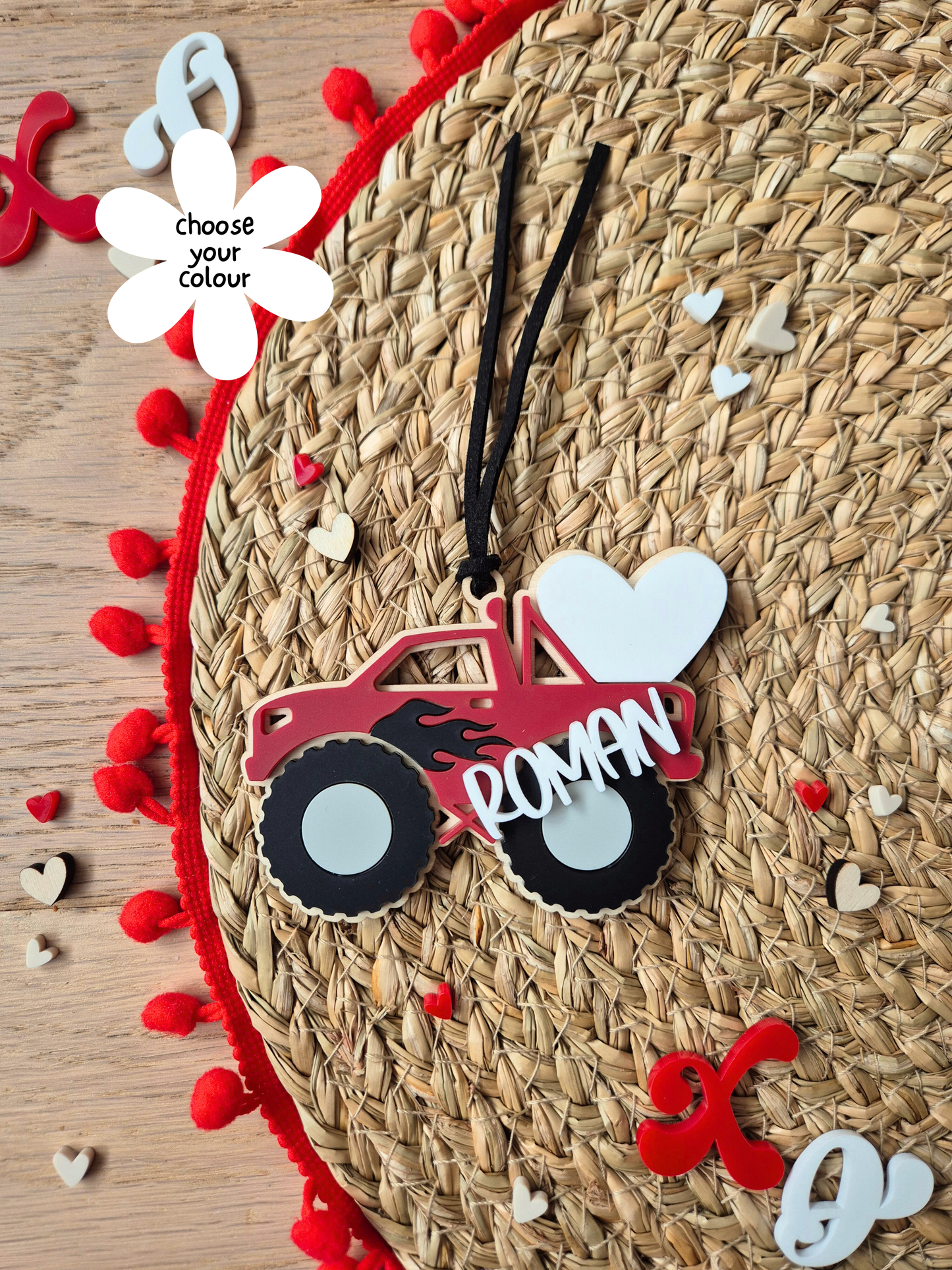 Personalised Valentine's Day Monster Truck Basket Name Tag