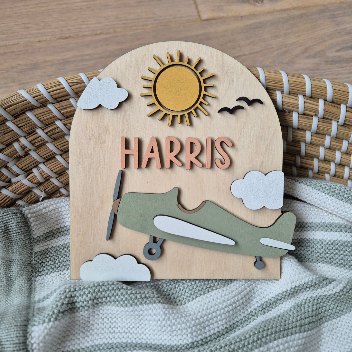 Personalised Vintage Aeroplane Name Sign - Birth Announcement Shelf Sitter