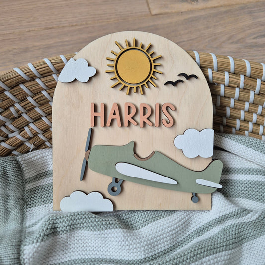 Personalised Vintage Aeroplane Name Sign - Birth Announcement Shelf Sitter