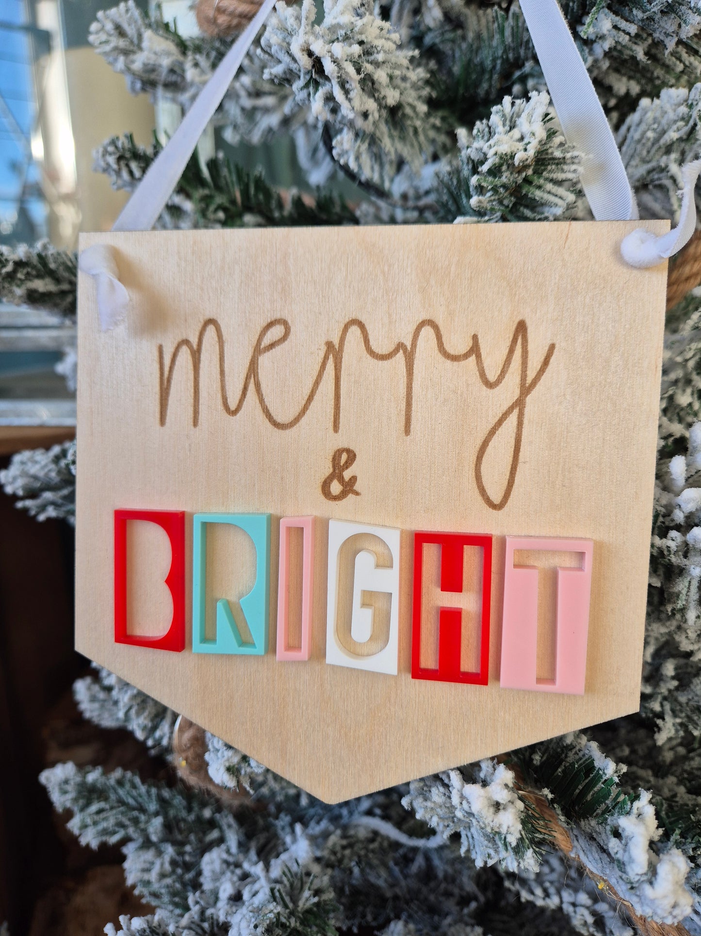 Merry & Bright Retro Acrylic and Wooden Flag Sign
