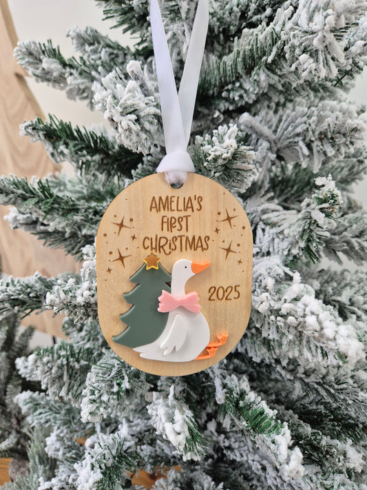 Baby's First Christmas Hanging Ornament - Personalised Silly Goose Tree Decoration