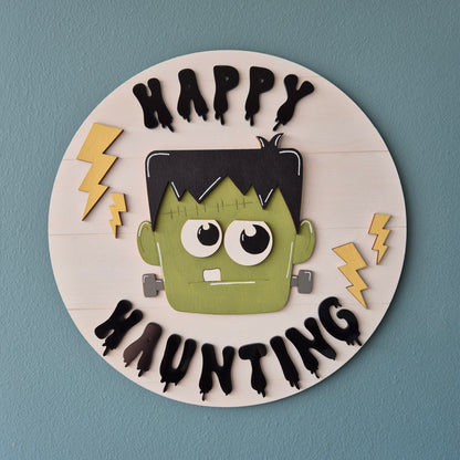 Frankenstein Happy Haunting Round Door Sign | Hand-painted Wall Sign