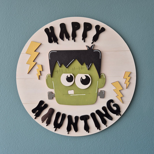 Frankenstein Happy Haunting Round Door Sign | Hand-painted Wall Sign