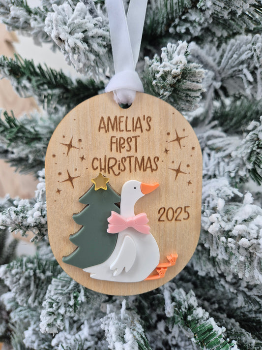 Baby's First Christmas Hanging Ornament - Personalised Silly Goose Tree Decoration