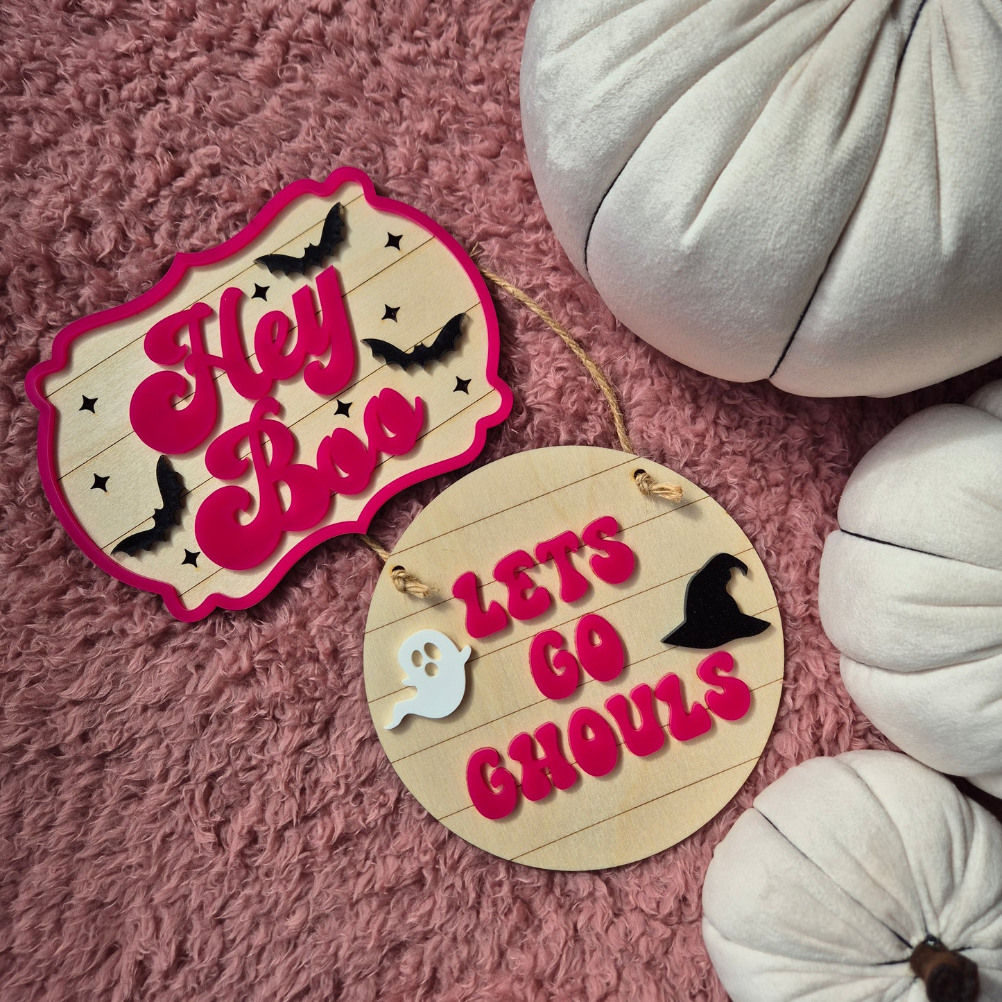 Hey Boo Retro Hot Pink Sign| Wooden and Acrylic Halloween Decor