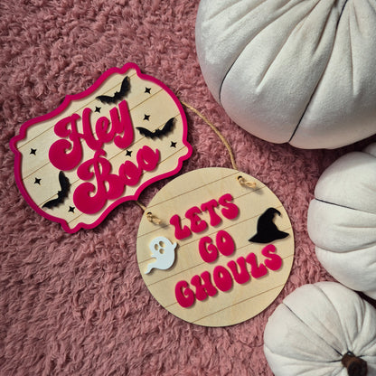 Hey Boo Retro Hot Pink Sign| Wooden and Acrylic Halloween Decor