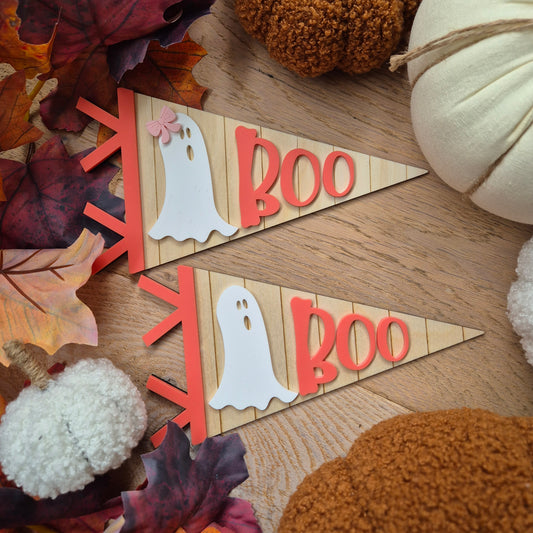 Boo Ghost Pennant - Striped Wooden and Acrylic Halloween Flag