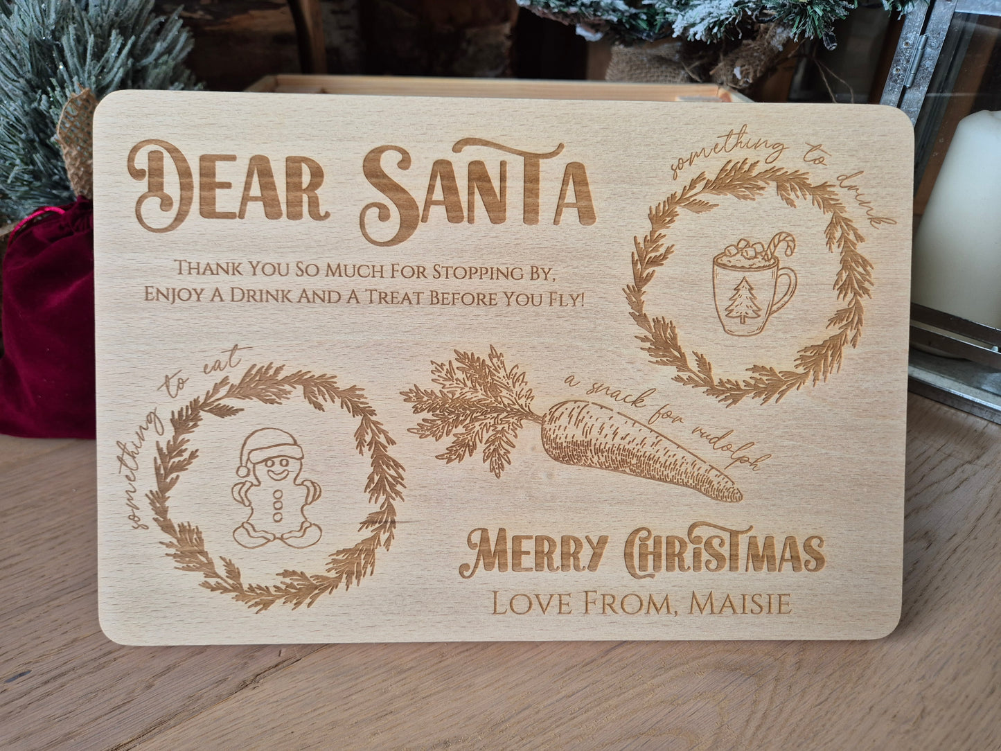 Christmas Traditions Santa Treats Wooden Board - Personalised Milk and Cookie Christmas Eve Plate