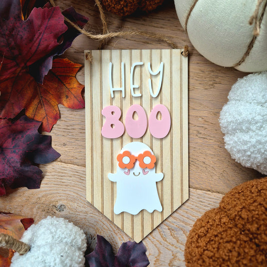 Hey Boo Hanging Sign - Acrylic Pinstripe Banner