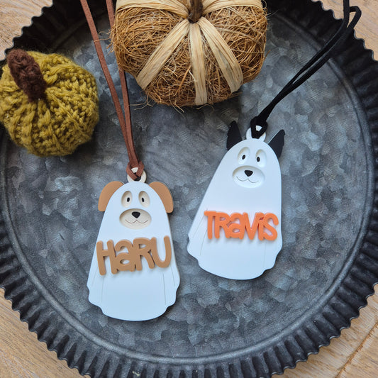 Ghost Dog Halloween Name Tag | Customised Pet Acrylic Keychain Gift