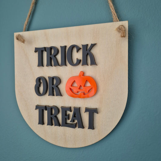 Trick or Treat Hanging Sign | Wooden and Acrylic Halloween Decoration