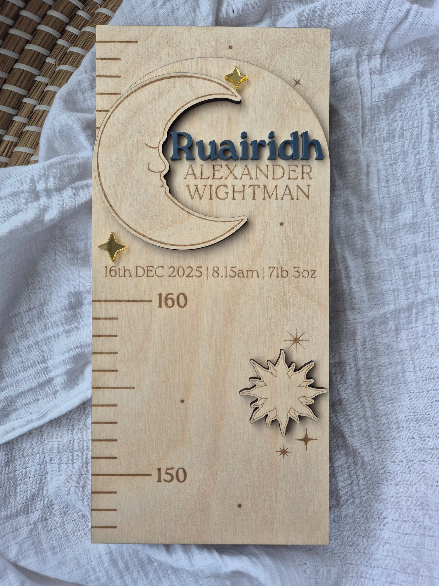 Personalised Celestial Wooden Height Chart - Sun, Moon and Stars Themed Engraved Growth Ruler