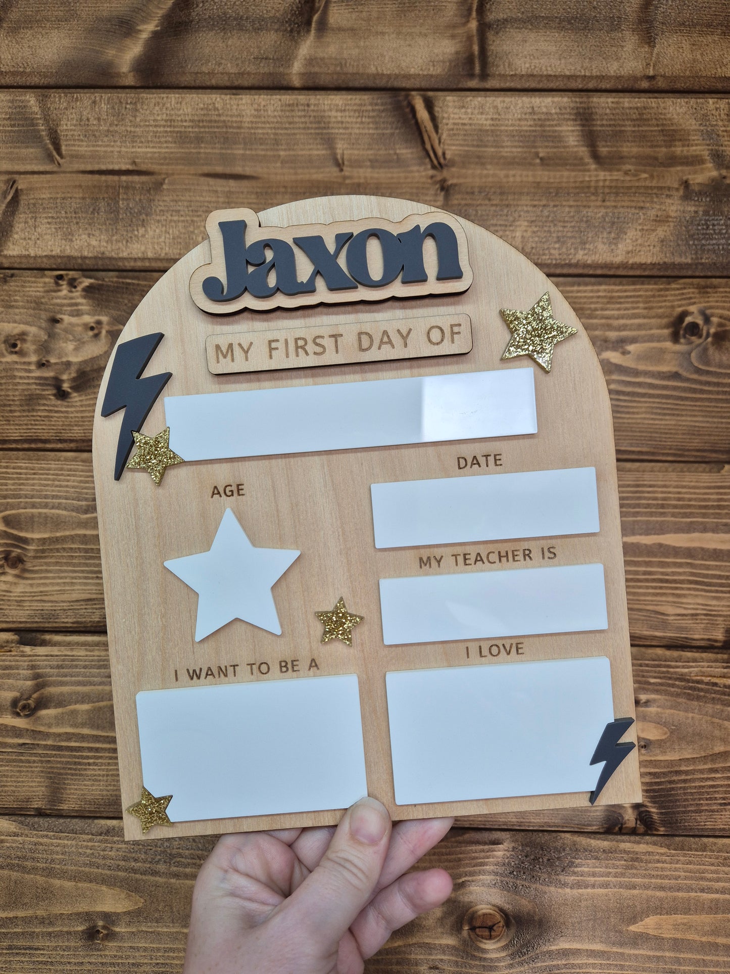 Personalised Lightening Bolt Back to School Board - Reusable Wooden and Acrylic Sign