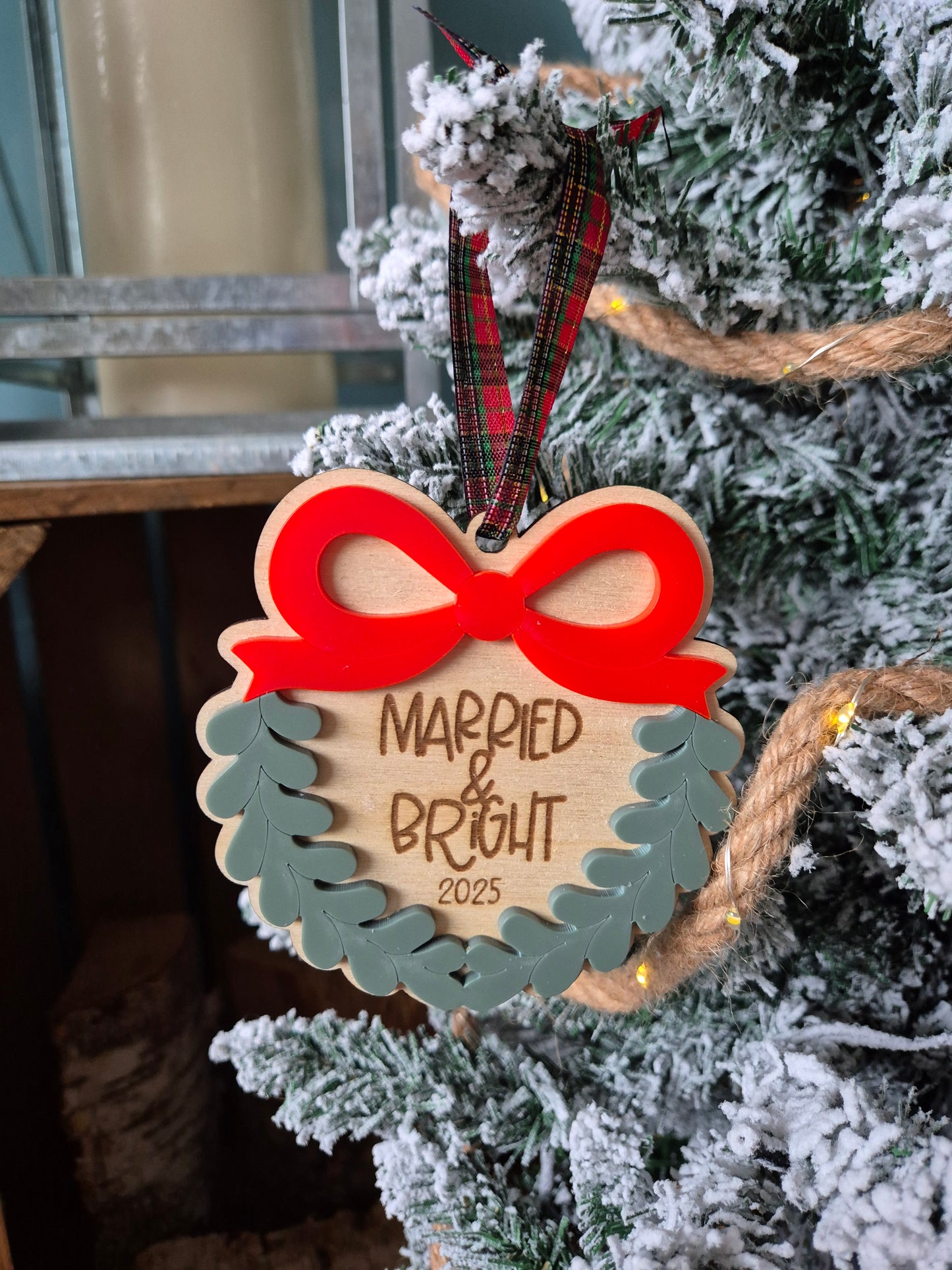 Married and Bright Christmas Hanging Ornament - Personalised Newlyweds Tree Decoration
