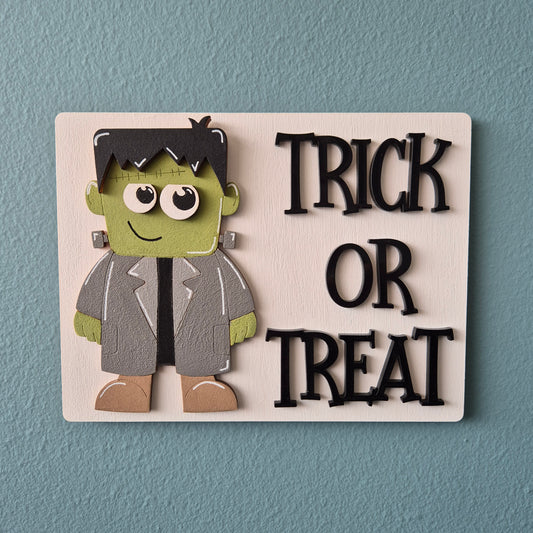 Frankenstein Trick or Treat Wooden Sign | Hand-painted Shelf Sitter
