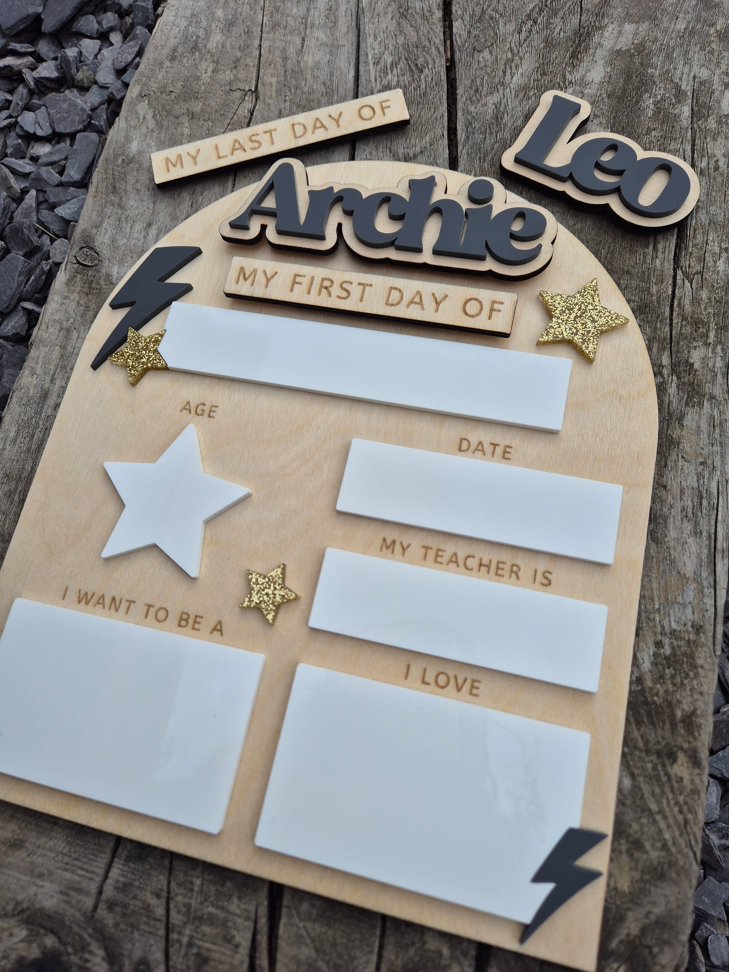Personalised Lightening Bolt Back to School Board - Reusable Wooden and Acrylic Sign