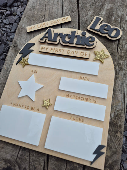 Personalised Lightening Bolt Back to School Board - Reusable Wooden and Acrylic Sign