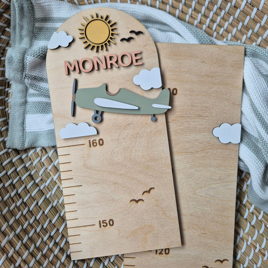 Personalised Wooden Height Chart - Vintage Aeroplane Growth Ruler for Nurseries and Playrooms