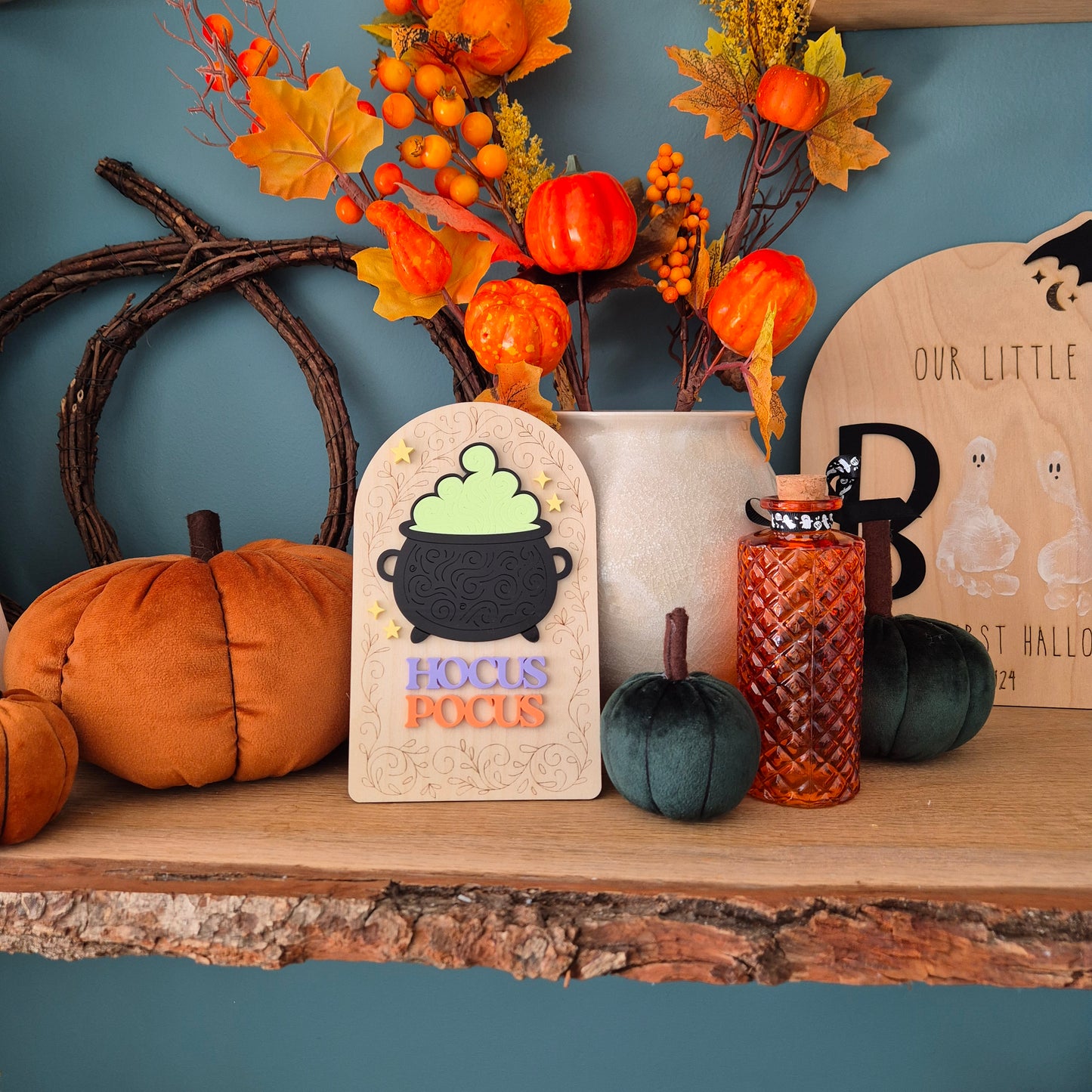 Hocus Pocus Cauldron Shelf Sitter: Engraved Wood and Acrylic Halloween Sign