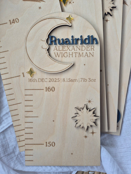 Personalised Celestial Wooden Height Chart - Sun, Moon and Stars Themed Engraved Growth Ruler