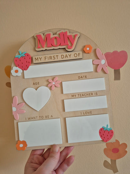 Personalised Strawberry Flowers Back to School Board - Reusable Wooden and Acrylic Sign