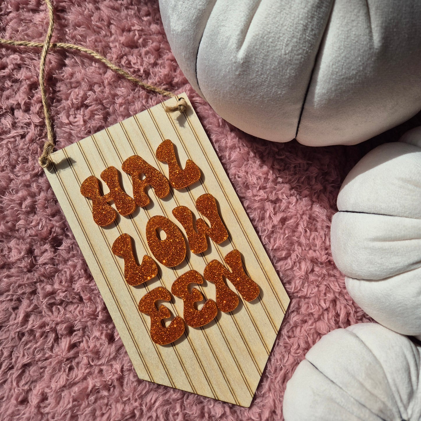 Retro Halloween Hanging Sign | Acrylic and Pinstripe Wooden Hanger