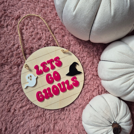 Let's Go Ghouls Pink Hanging Sign | Round Halloween Decoration