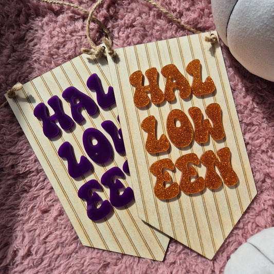 Retro Halloween Hanging Sign | Acrylic and Pinstripe Wooden Hanger