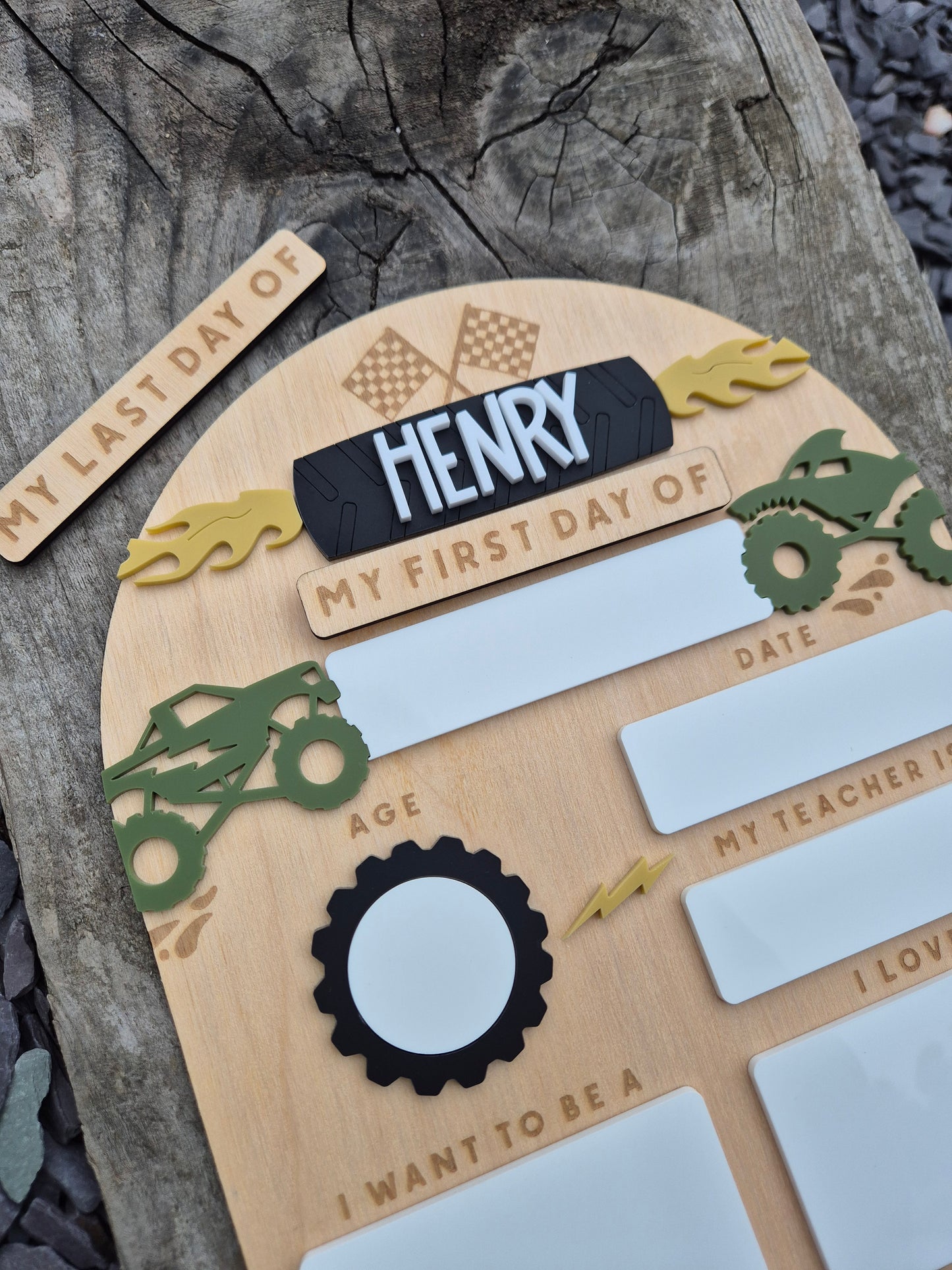 Personalised Monster Truck Back to School Board - Reusable Wooden and Acrylic Sign