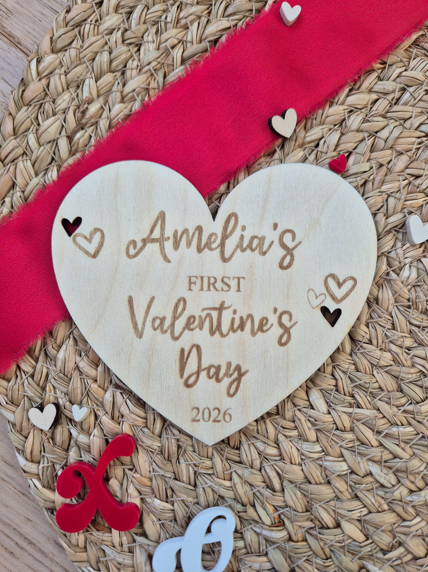 Baby's First Valentine's Engraved Wooden Heart or Disc - Personalised Milestone Photo Prop Keepsake