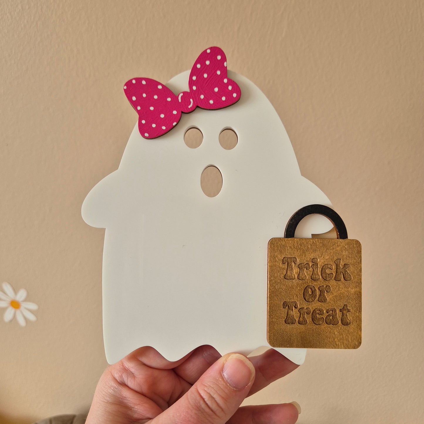 Trick or Treat Ghost Wall Decoration | Wooden and Acrylic Layered Sign