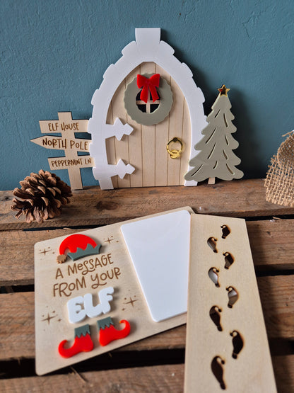 Christmas Elf Door Personalised Decoration - Wooden Elf Arrival Scene