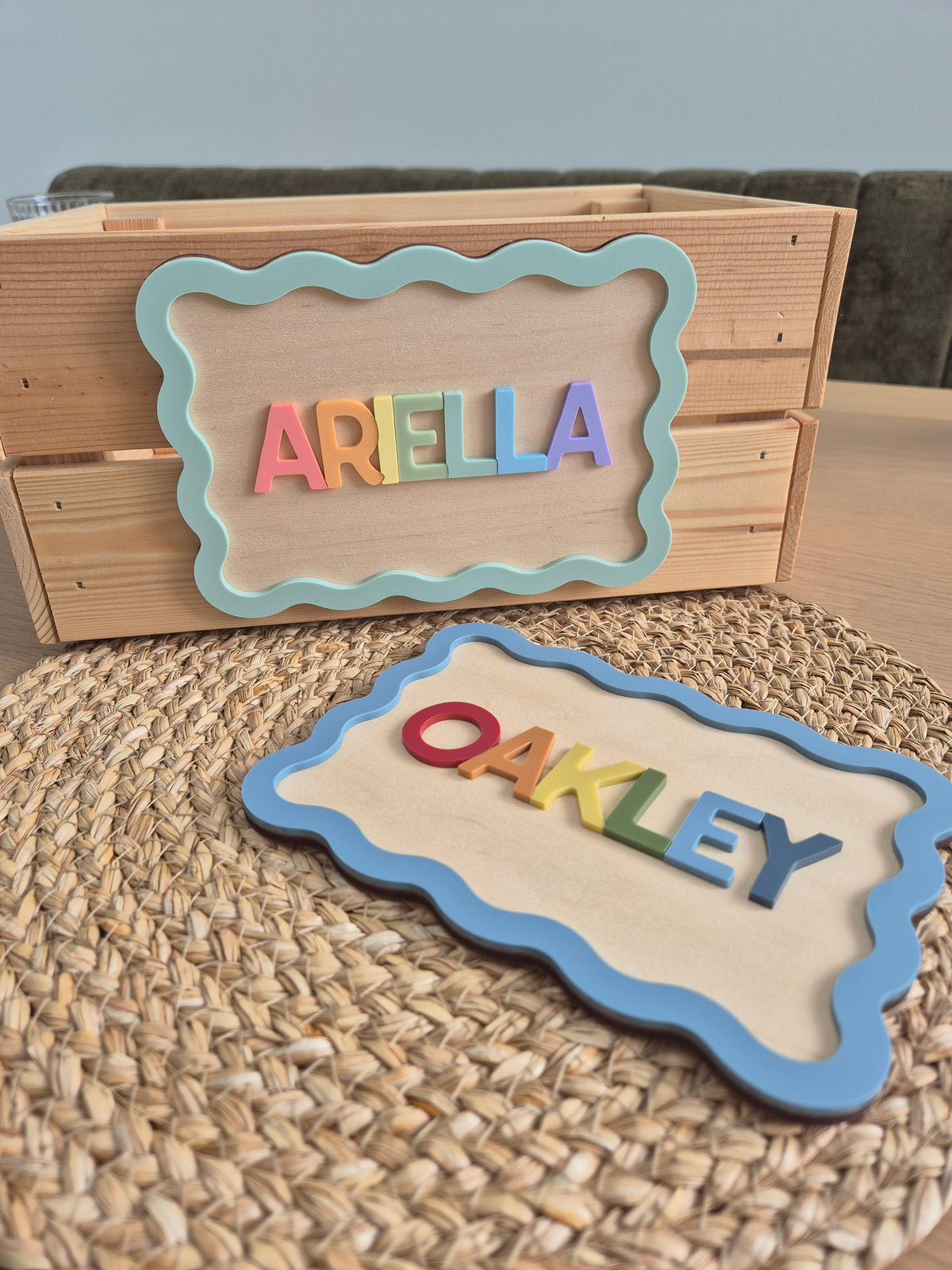 Rainbow 'All Year Round' Crate Plaque and Name Sign - Personalised Wooden and Acrylic Wavy Wall Decor