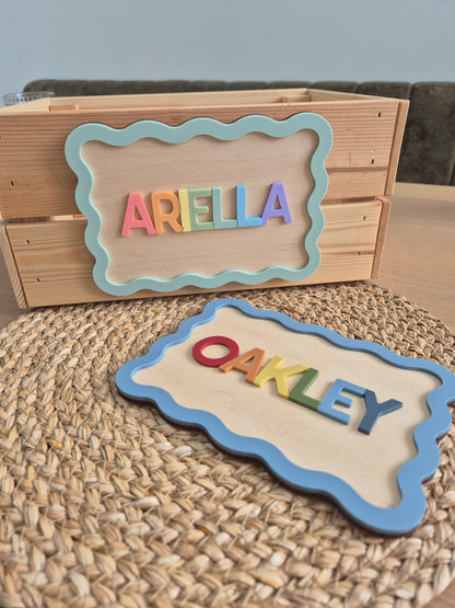 Rainbow 'All Year Round' Crate Plaque and Name Sign - Personalised Wooden and Acrylic Wavy Wall Decor