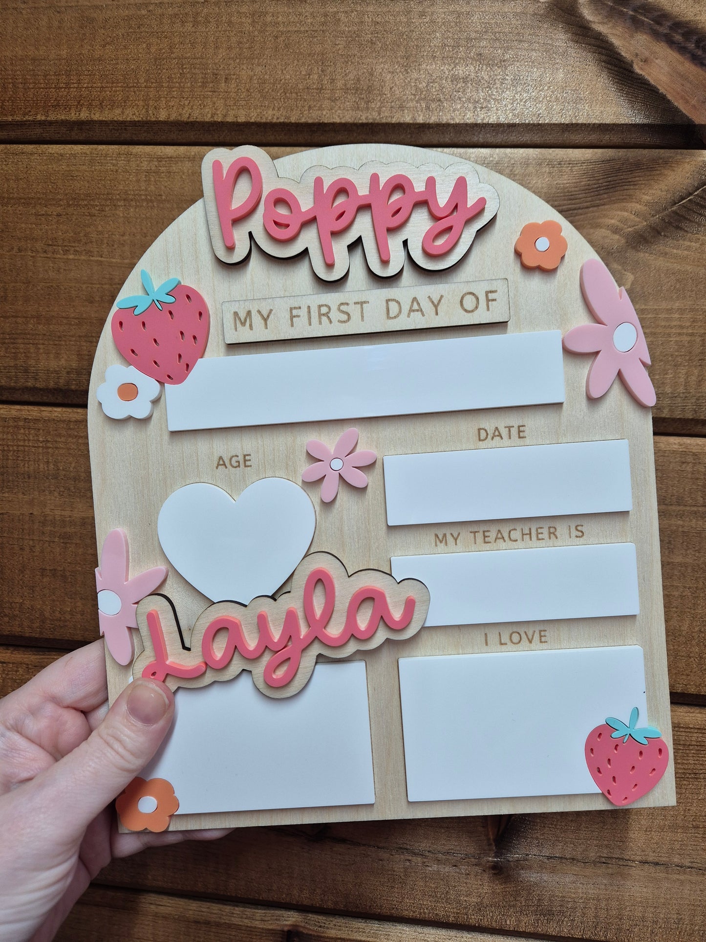 Personalised Strawberry Flowers Back to School Board - Reusable Wooden and Acrylic Sign