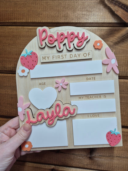 Personalised Strawberry Flowers Back to School Board - Reusable Wooden and Acrylic Sign