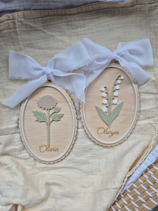 Birth Flower Name Sign - Vintage Oval Wooden and Acrylic Wall Décor and Birth Announcement